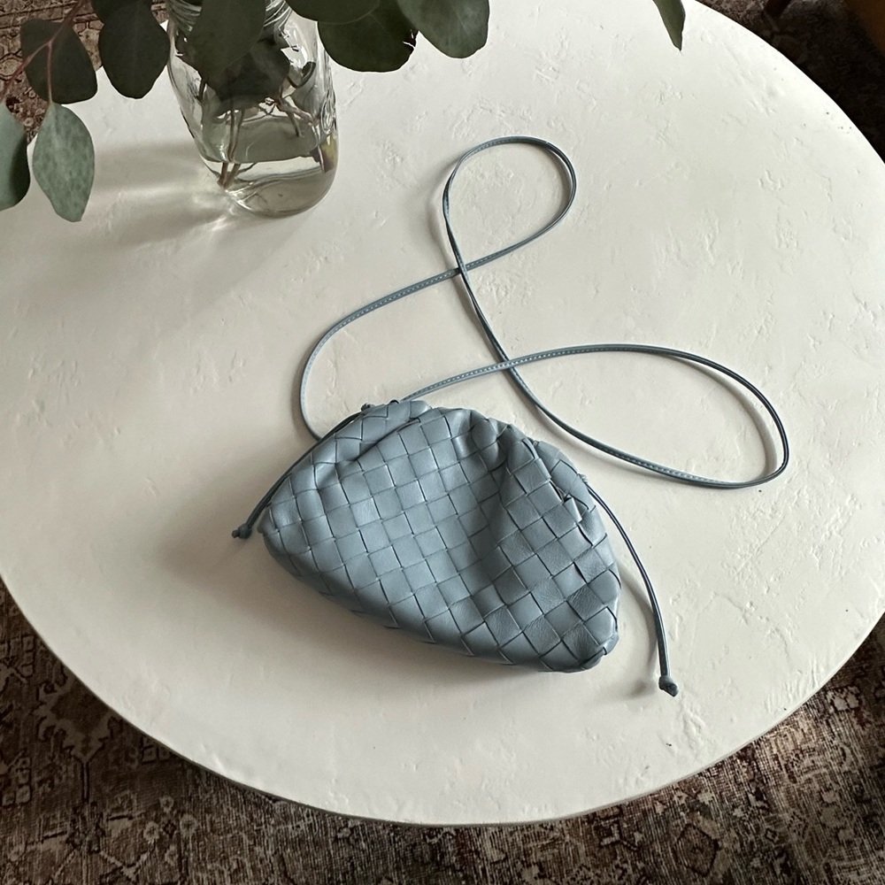 Beautiful pale blue real leather woven mini pouch dumpling bag